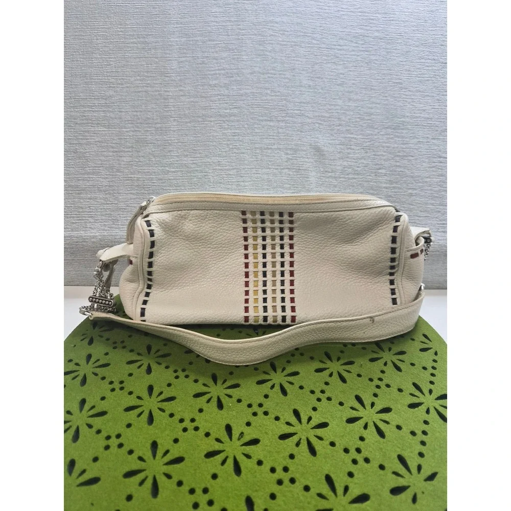 Brighton Barrel Shoulder Bag Womens White Pebble Leather Chain Strap Accents
